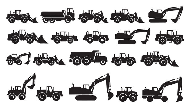 Construction equipment silhouettes collection features excavators loaders dump trucks