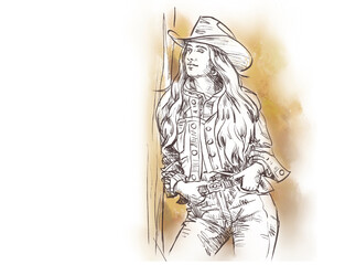 Fototapeta premium cowgirl in jeans posing digital art for card decoration illustration