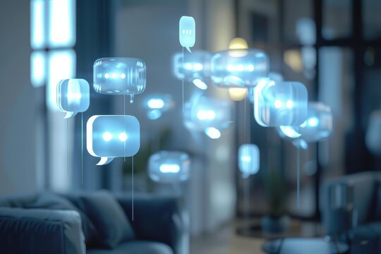 Glowing speech bubbles floating in a modern living room, symbolizing online chatting and social media discussions
