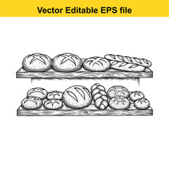 Hand-Drawn Bread Loaves on Wooden Shelves Vector Illustration