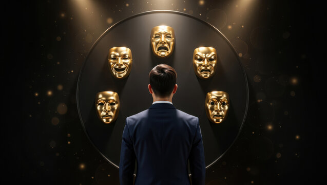 Man in Suit Facing Circular Display of Golden Masks businessman dark