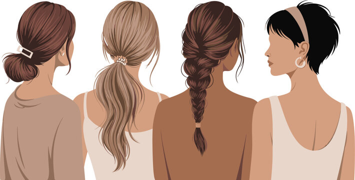 Flat Vector Illustration of Women with Different Hairstyles and Hair Colors Back View