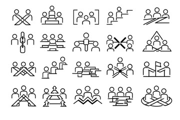 Fototapeta premium Collection of simple line icons representing people interacting in various business and teamwork settings