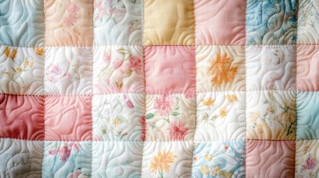 pastel patchwork quilt of floral fabric squares with swirling quilted stitching, soft cozy nostalgic homey feel