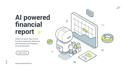 Obraz premium AI powered financial report isometric banner template. Artificial intelligence for business data analysis and audit service vector illustration. Modern web design for automation and fintech concept