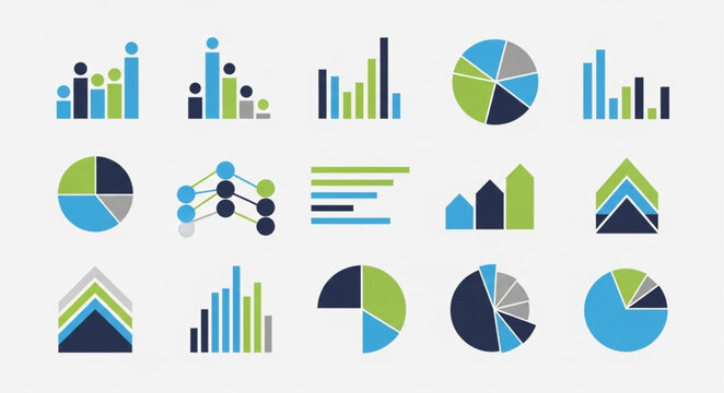 Diverse collection of colorful data visualization charts and graphs for business analysis.