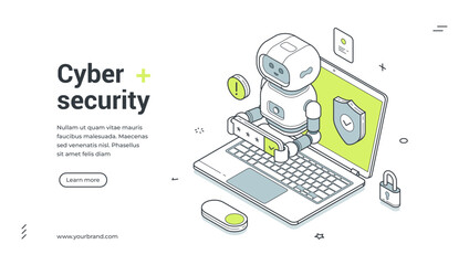 Obraz premium Cyber security isometric banner. Robot protects a laptop by entering a password for data safety. Modern web template vector illustration for a landing page and online privacy service