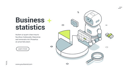 Naklejka premium Business statistics isometric banner. Robot with chart for data analysis and financial analytics. Modern web template vector illustration for SEO and market research with AI