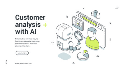 Naklejka premium Customer analysis with AI isometric banner. Robot for user behavior research and marketing. Modern web template vector illustration for CRM and client data processing with artificial intelligence
