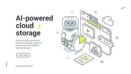 Plakat AI-powered cloud storage isometric banner. Robot for data management and file hosting. Modern web template vector illustration for artificial intelligence, online database technology and analytics