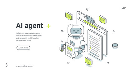 AI agent isometric banner. Chatbot for customer support and online service. Modern web template vector illustration for virtual assistant and artificial intelligence technology