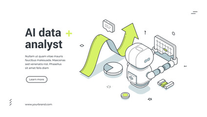 Plakat AI data analyst isometric banner. Robot for analytics and big data research. Web template vector illustration for artificial intelligence, business intelligence, statistics and financial growth