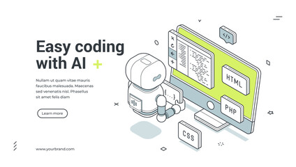 Obraz premium Easy coding with AI isometric banner. Robot for programming and software development. Modern web template vector illustration for artificial intelligence, computer science and web technology