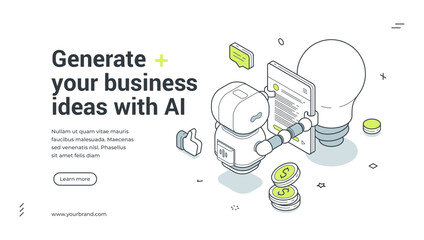 Naklejka premium Generate business ideas with AI isometric banner. Robot for creative solution and startup. Modern web template vector illustration for business strategy and artificial intelligence