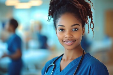Fototapeta premium confident medical professional in blue scrubs with stethoscope standing in a busy hospital ward