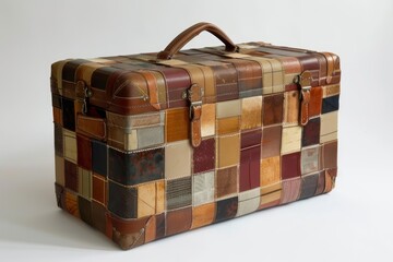 Vintage patchwork suitcase showcasing repurposed leather and fabric, promoting sustainable design and unique travel accessories