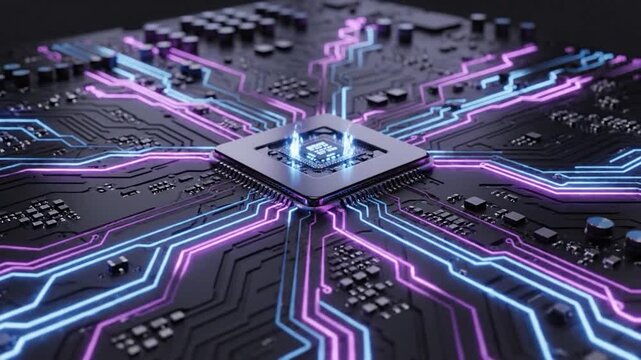 Close-up of a glowing central processing unit on a circuit board with vibrant