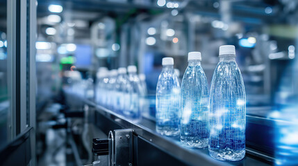Clear plastic water bottles with blue digital circuits and light accents move along a factory conveyor belt.