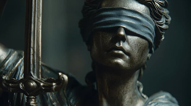 A powerful and solemn close-up of the blindfolded Lady Justice statue, a timeless emblem of impartiality, truth, and the unwavering pursuit of legal equity