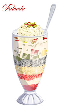 Detailed Illustration of Layered Falooda Dessert Beverage; Featuring Rose Syrup, Vermicelli, Basil Seeds, Jello, and Vanilla Ice Cream Garnish with Nuts.