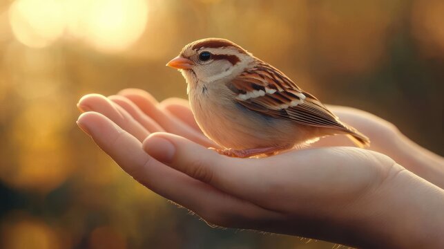 small sparrow resting in a gentle open hand bathed in warm golden sunlight, peaceful and trusting moment
