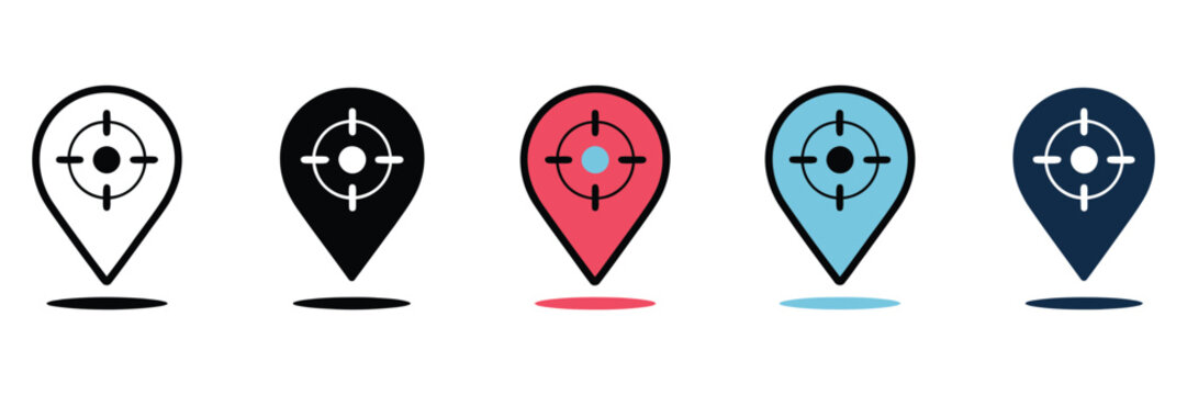Current location icon set in multiple styles illustrating geolocation symbols, GPS tracking indicators, map pointers, and clean professional line and glyph vector design