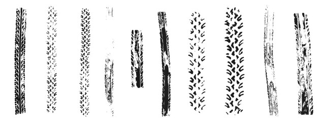 Black tire track marks isolated on white background. Racing tread pattern realistic vector illustration set. Car or motorcycle wheel skid traces texture