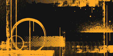 Urban punk checkered background with brush painted graffiti texture, yellow neon street art. Distressed poster design, vector illustration. Abstract pattern with rough brush strokes, grunge banner © klyaksun