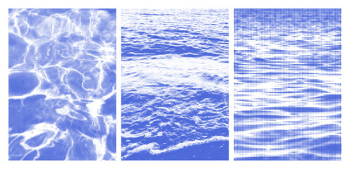 Halftone ocean and swiming pool water ripple sutface, abstract blue sea water texture with flowing lines. Vector set of illustrations with vintage graphic effect and sun reflection, summer wallpaper