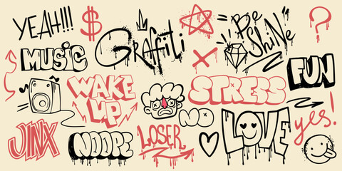 Street art doodles with rap music symbols, city graffiti tags, and urban spray paint elements in retro black red colors isolated on background. Artistic hip-hop culture vector patterns, wall design © klyaksun