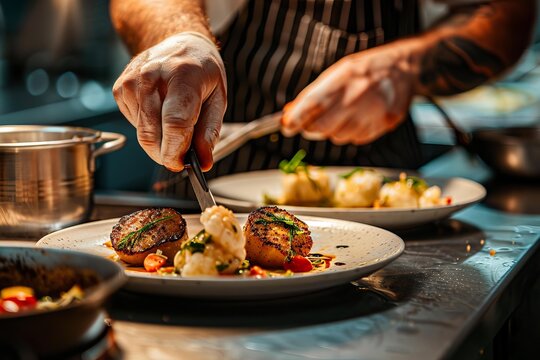 Professional chef preparing gourmet dish of seared scallops, adding finishing touch in restaurant kitchen