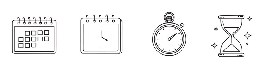 Collection of hand drawn time and schedule related icons perfect for planning appointments, tracking events, and managing deadlines in various digital applications