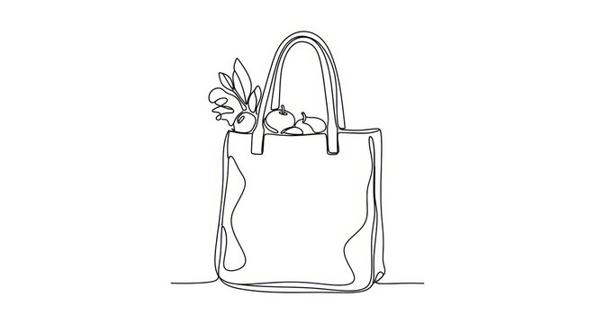 Minimalist Single Line Drawing of a Tote Bag Filled with Fresh Produce