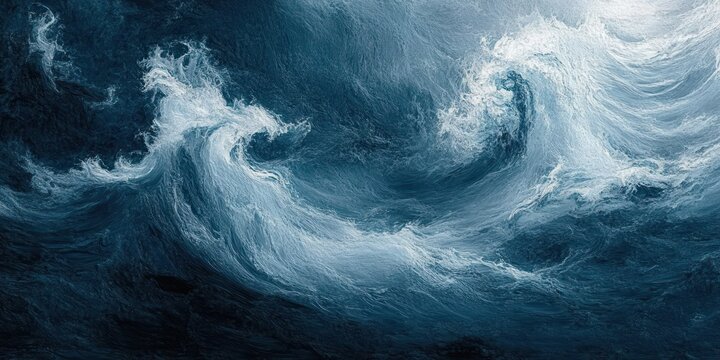 turbulent deep blue ocean waves with foamy white crests in dramatic swirling motion, powerful and restless