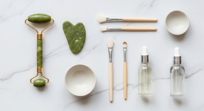 Jade roller, skincare tools and beauty products on marble background