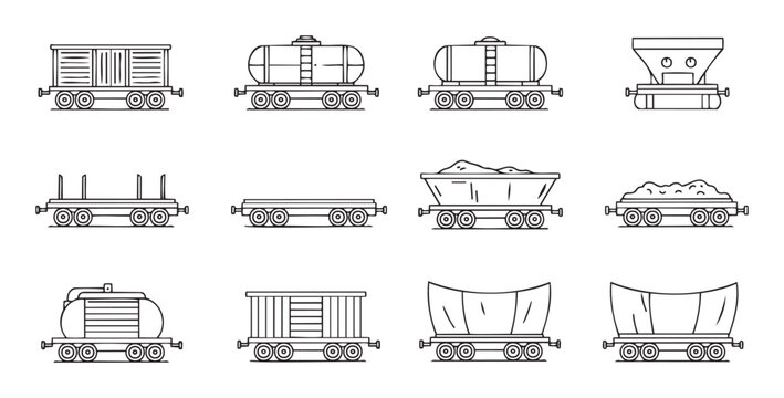 Collection of outline icons depicting various railway freight wagons and cargo train cars, perfect for transportation logistics graphics, industrial infographics, mobile application