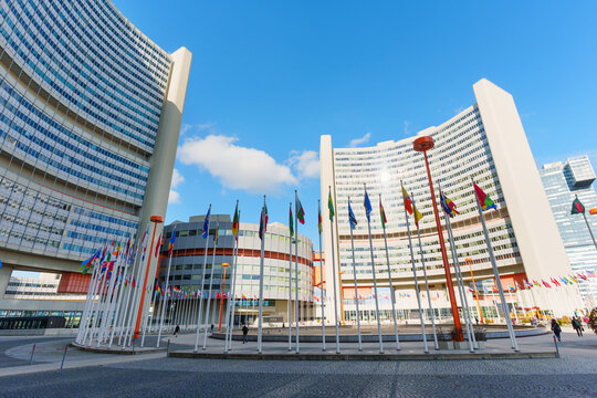 Vienna, Austria - February 25, 2026: Vienna International Centre UN Headquarters with National Flags