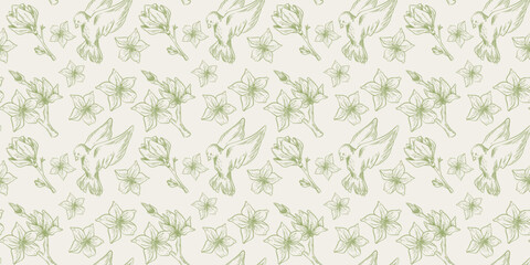 Sketch style spring seamless pattern with flying birds, tree branches with flowers, vector background. Vintage botanical textile design, green monochrome floral texture, hand drawn magnolia blossom © klyaksun