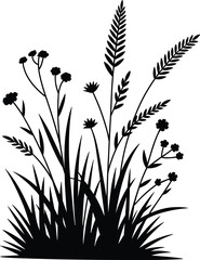 Meadow wildflower and grass silhouette arrangement, botanical plants isolated black nature elements for landscape decoration, flat vector illustration