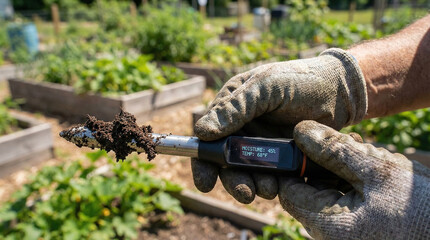 Obraz premium Measuring soil moisture on a sustainable farm using technology during daytime