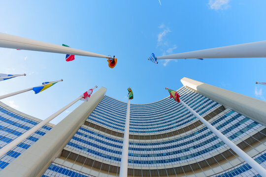 Vienna, Austria - February 25, 2026: Vienna International Centre Architecture and Global Flags in Austria