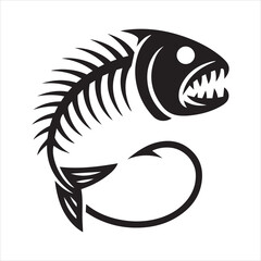 Stylized black silhouette of a menacing fish skeleton with sharp teeth and a fishing hook