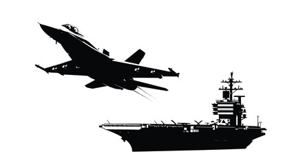 Military aircraft taking off from an aircraft carrier striking black silhouette © Rita