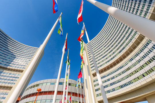 Vienna, Austria - February 26, 2026: Vienna International Centre Architecture and Flags in Vienna City