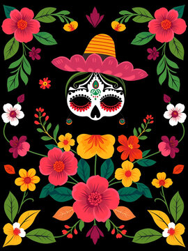 Patron floral inspirado en la cultura mexicana colores vivos fondo color negro vector