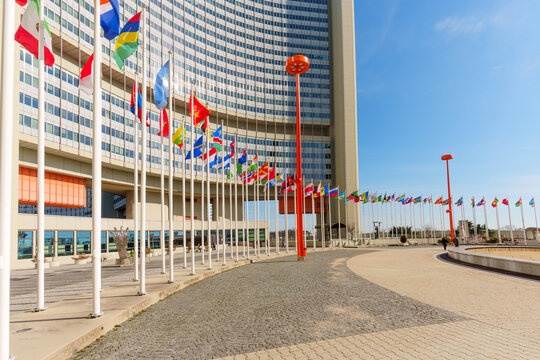 Vienna, Austria - February 26, 2026: Vienna International Centre and United Nations flags in Austria