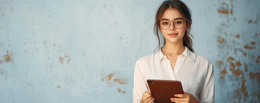 woman in white blouse holding brown tablet with calm focused posture against a distressed blue textured wall