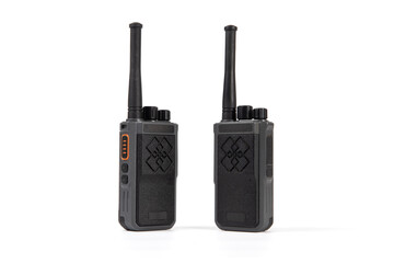 Handheld walkie-talkie radio communication device isolated on white background. 