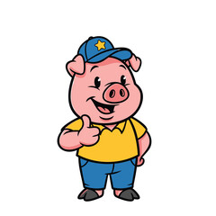 Fototapeta premium Cartoon pig wearing yellow shirt and blue cap giving thumbs up in a friendly gesture