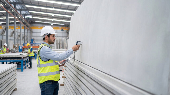 Workers use modular prefab construction technology in a factory setting for building panels